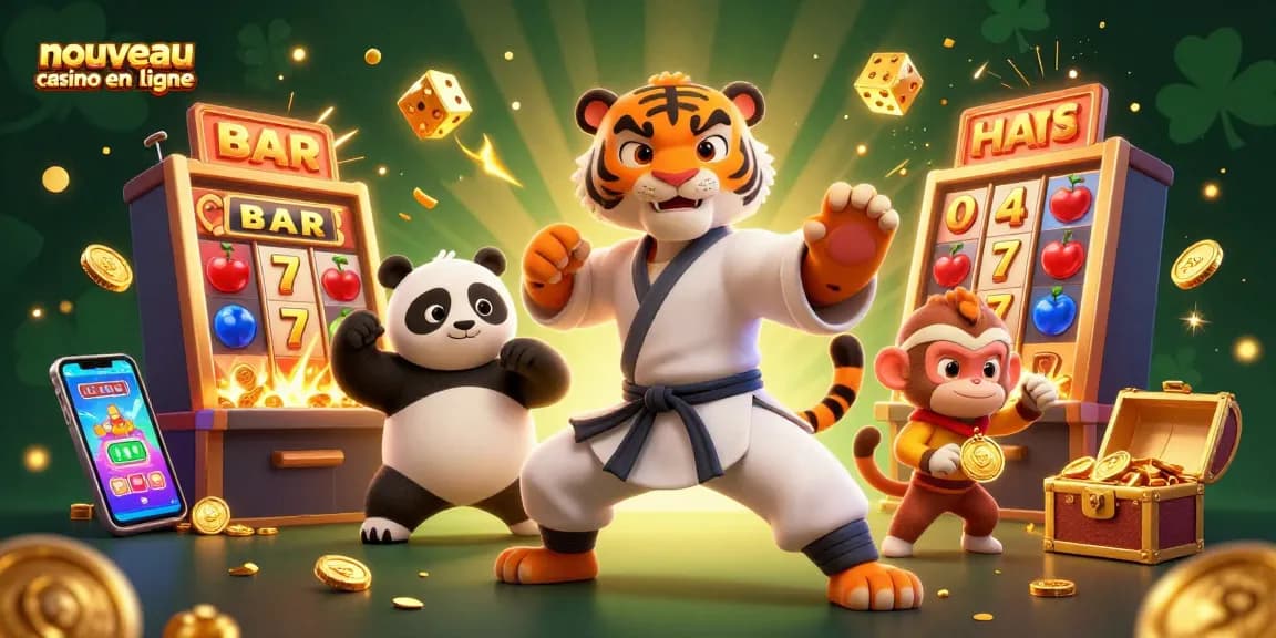 Le nouveau casino en ligne présente une scène dynamique avec un tigre kung-fu, un panda et un singe dans une explosion de jackpots.