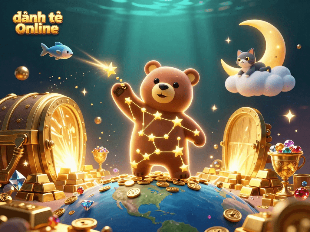 Engage in đánh đề online with a magical scene of golden treasures and cosmic characters.