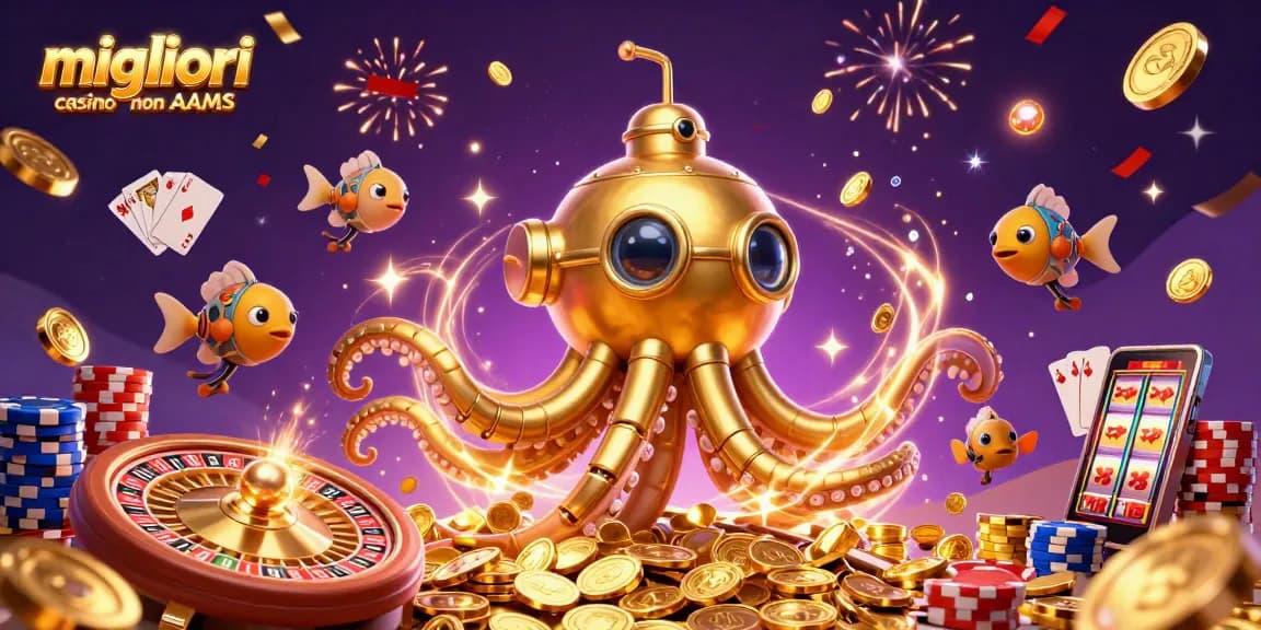 Gioca nei migliori casino non AAMS con il kraken d'oro e pesci meccanici che emergono da un mare di monete.