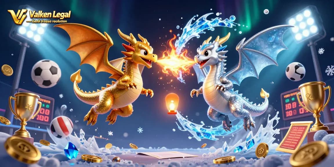 Engage with Valken Legal — bank freeze resolution through a dynamic scene of dragons and betting elements.