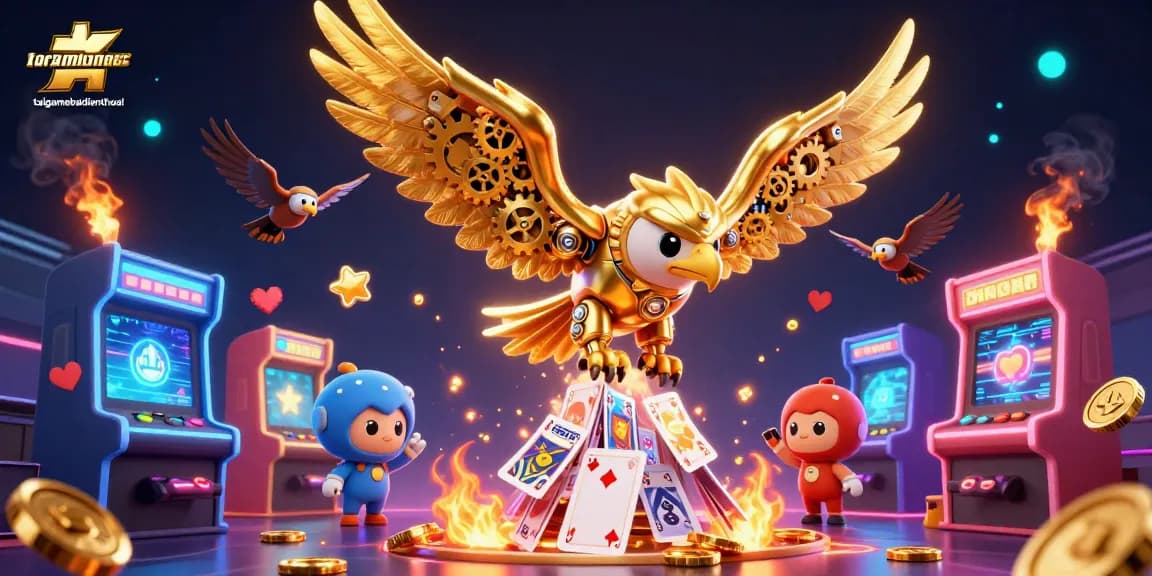 Engage with taigamebaidienthoai in a cinematic 3D illustration of a golden eagle navigating through vibrant casino elements.
