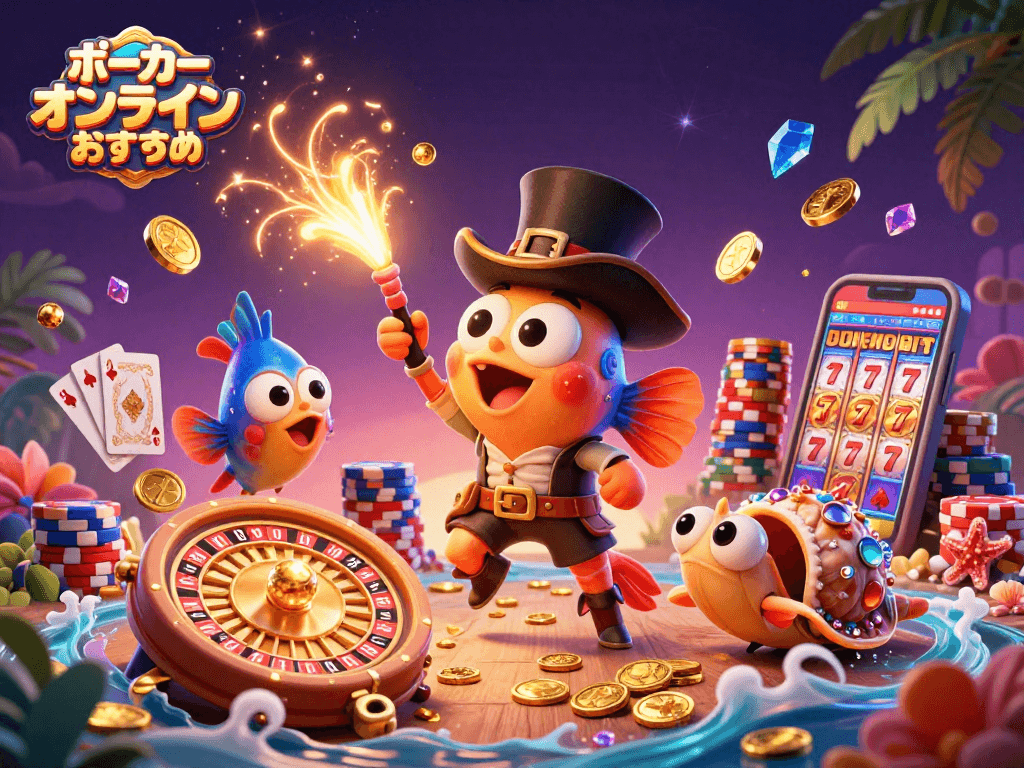 ポーカー オンライン おすすめをテーマにした、魅力的な海のキャラクターたちのダイナミックな場面