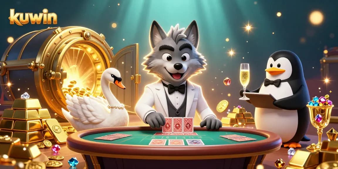 Kuwin presents a dynamic scene with a debonair wolf, elegant swan, and penguin sommelier at a baccarat table.