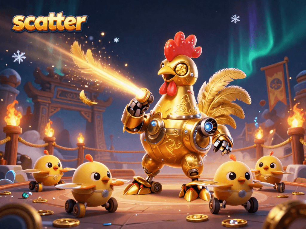 Experience scatter thrills with a golden rooster robot and baby chick drones amid vibrant casino elements.