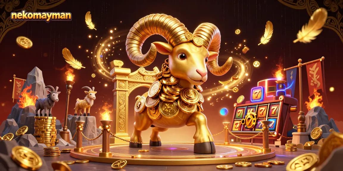 Experience slot action with nekomayman, showcasing golden ram at a vibrant casino.