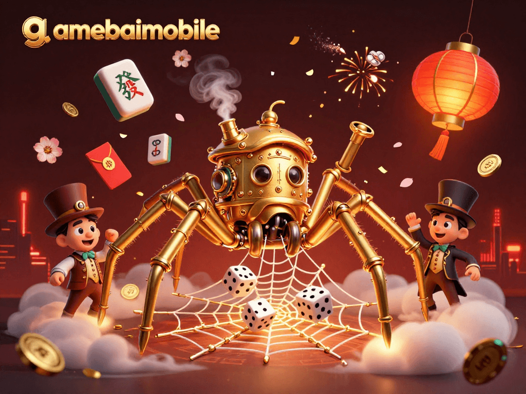 gamebaimobile features a whimsical casino scene with a golden spider weaving webs of luck and fortune.