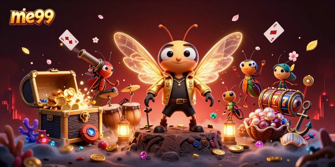 Engage with vibrant me99 casino characters amidst slot reels and treasures in a dynamic 3D scene.