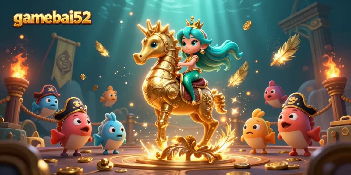 Players enjoy thrilling moments in gamebai52 with mermaid princess and seahorse in dynamic casino scene.