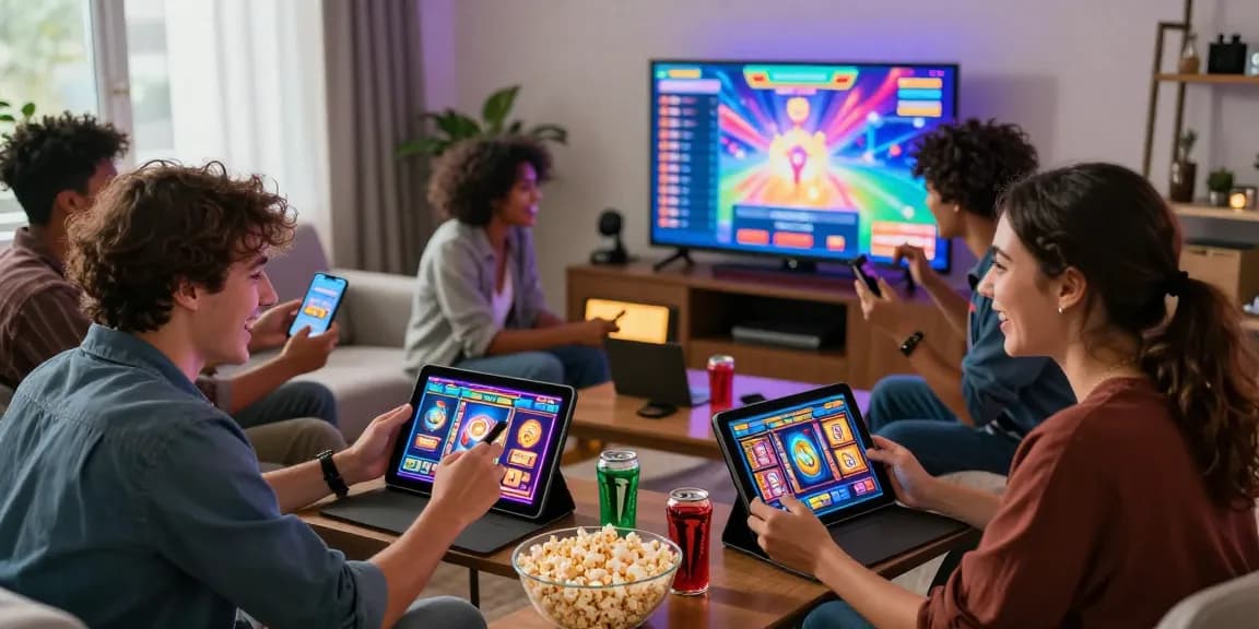 An engaging group gaming experience showcasing online slot games at https://www.benmillerband.com/, with friends using devices in a cozy setting.