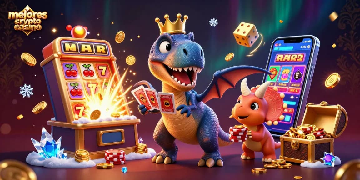 Los mejores crypto casino donde un T-Rex juega cartas mientras un pterodáctilo sostiene las cartas y un triceratops apila fichas doradas.