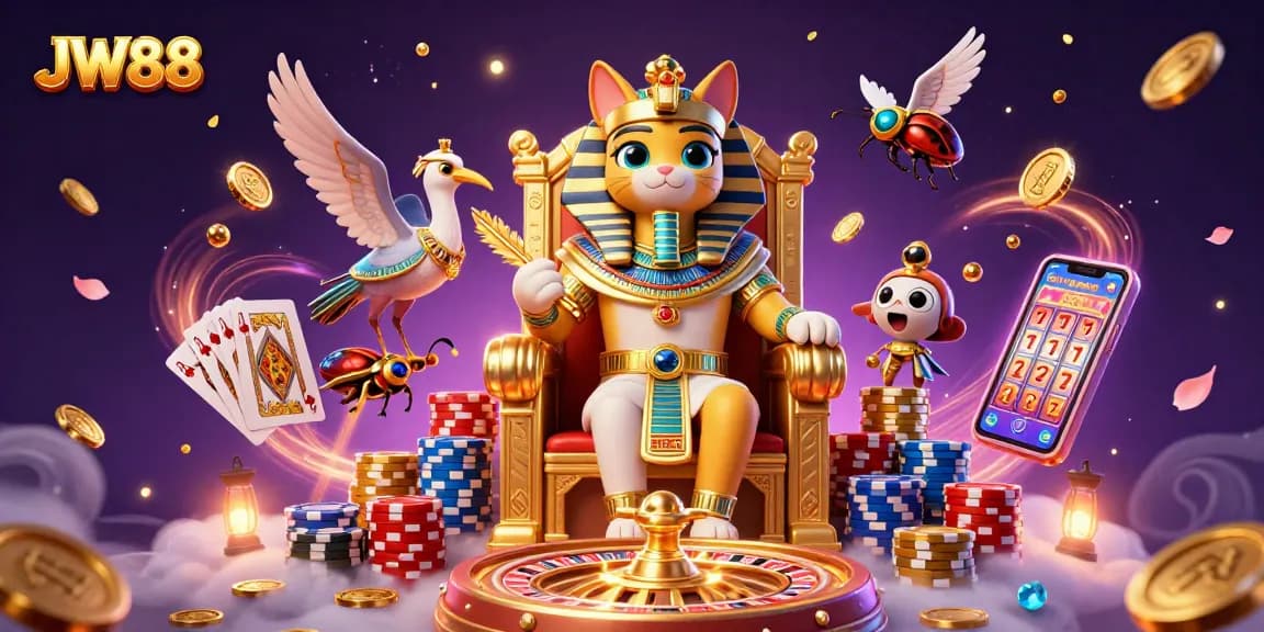 Experience the thrill of JW88 with a pharaoh cat and luxurious casino elements.