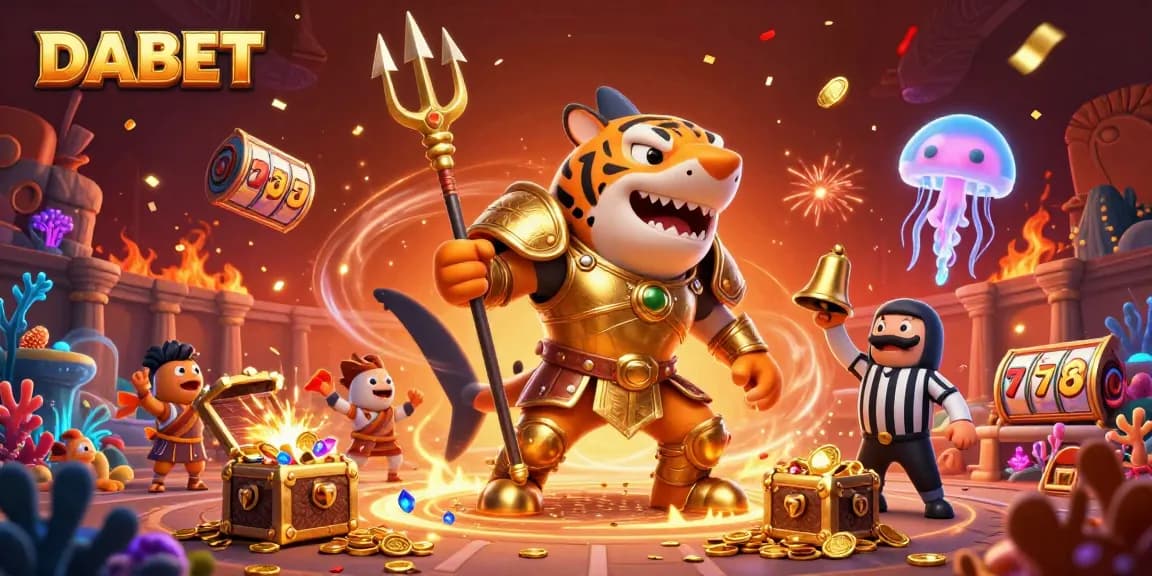 DABET showcases a thrilling casino scene with a shark in gladiator armor amidst slot reels and treasure, enhancing the gaming excitement.