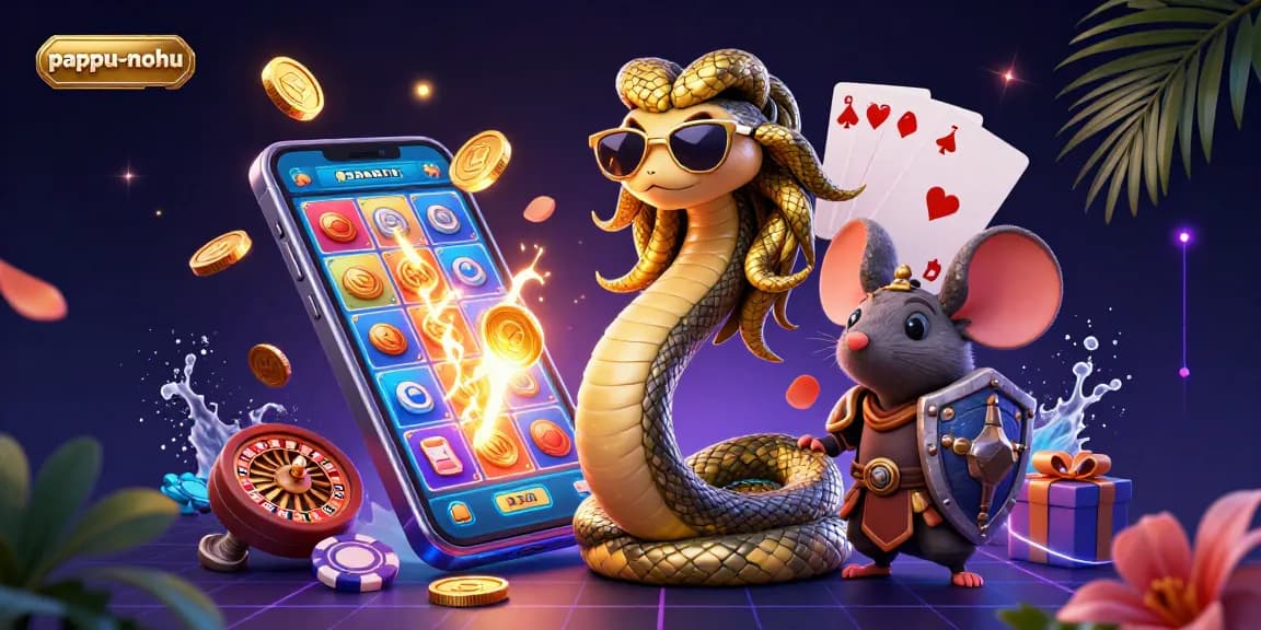 Pappu-nohu's dynamic 3D scene showcases gaming excitement with spinning reels and golden coins.