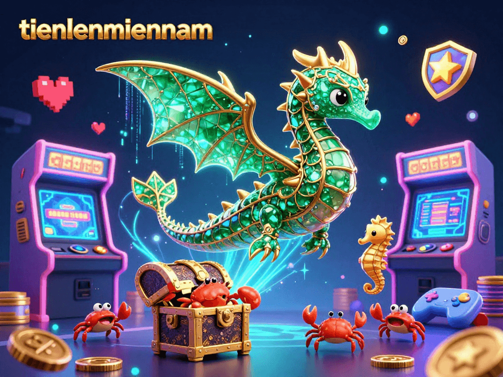Experience dynamic gaming with tienlenmiennam’s vibrant casino-themed 3D illustration showcasing strategic play elements.