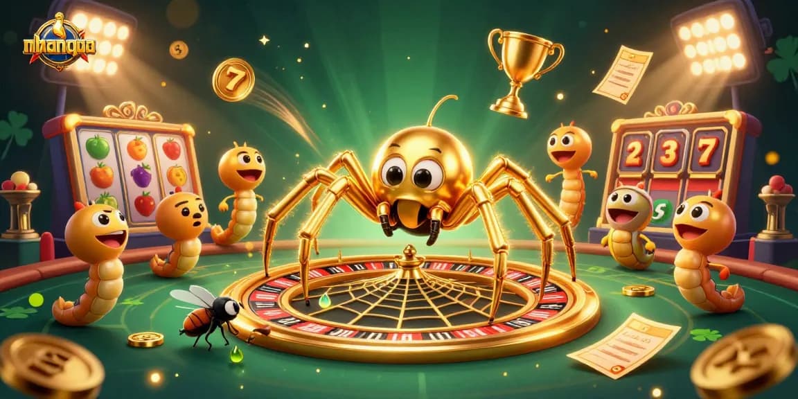 Engage in thrilling casino games with nhanquagamebai, featuring a golden spider and centipede croupier illustration.