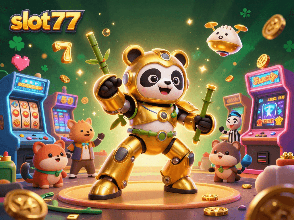 Play exciting slot777 games and witness the golden panda piloting a bamboo robot in a vibrant arcade.