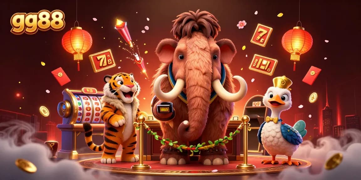 Check IDs at GG88 casino with a 3D woolly mammoth bouncer and vibrant gaming atmosphere