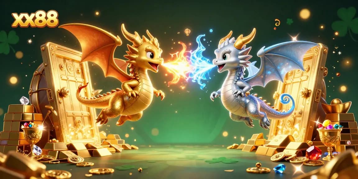 Experience the thrilling action of xx88 as golden and silver dragons battle in a vibrant casino scene.