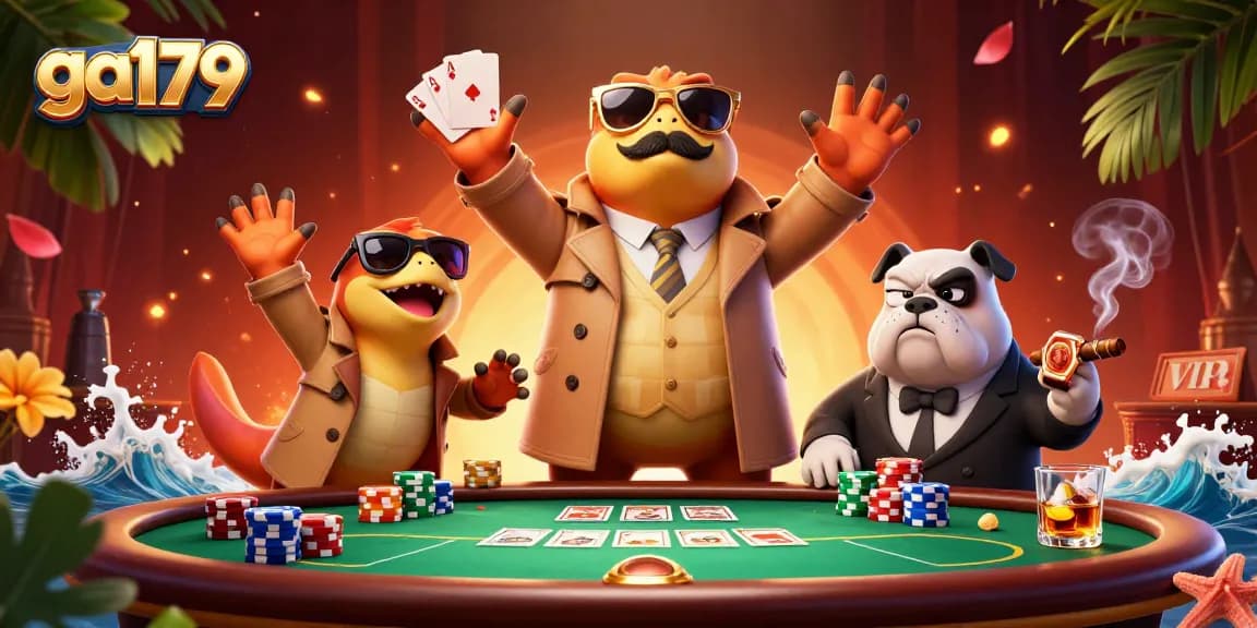 ga179 showcases raptors humorously disguising themselves at a casino entrance, surrounded by poker elements.