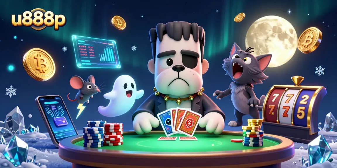 Engage with u888p as a cartoon Frankenstein bulldog deals cards at a lively casino table surrounded by vibrant gaming elements.