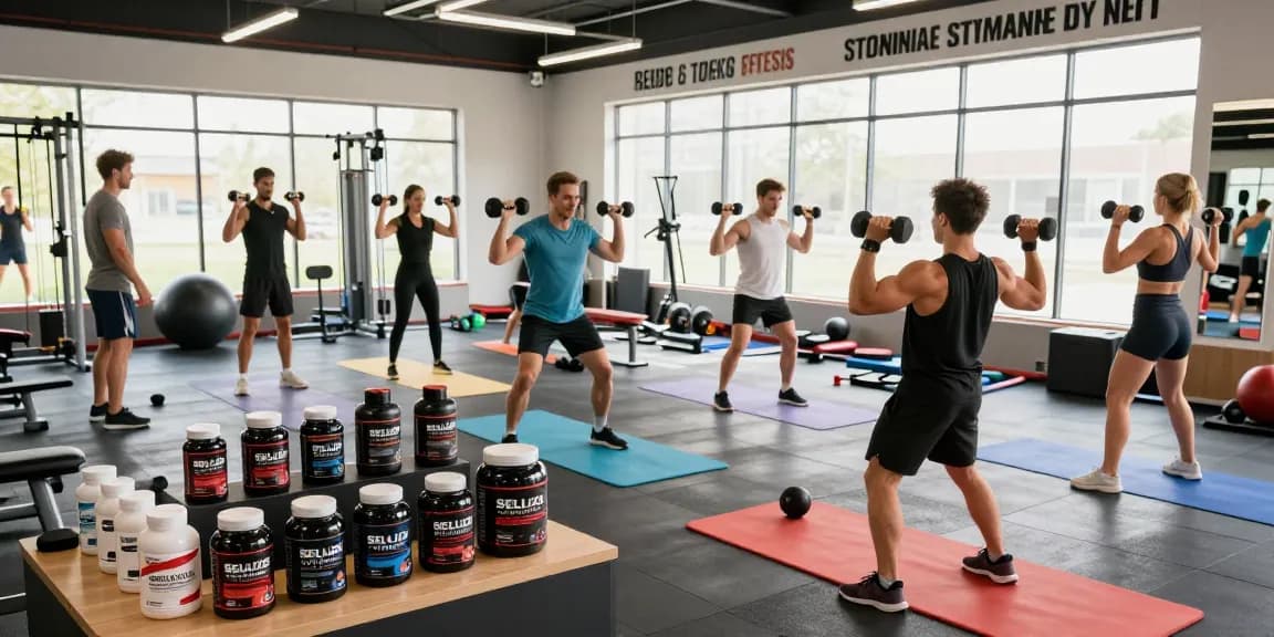 Selliza Steroids fitness products featured in a vibrant gym training scene, showcasing strength and energy.