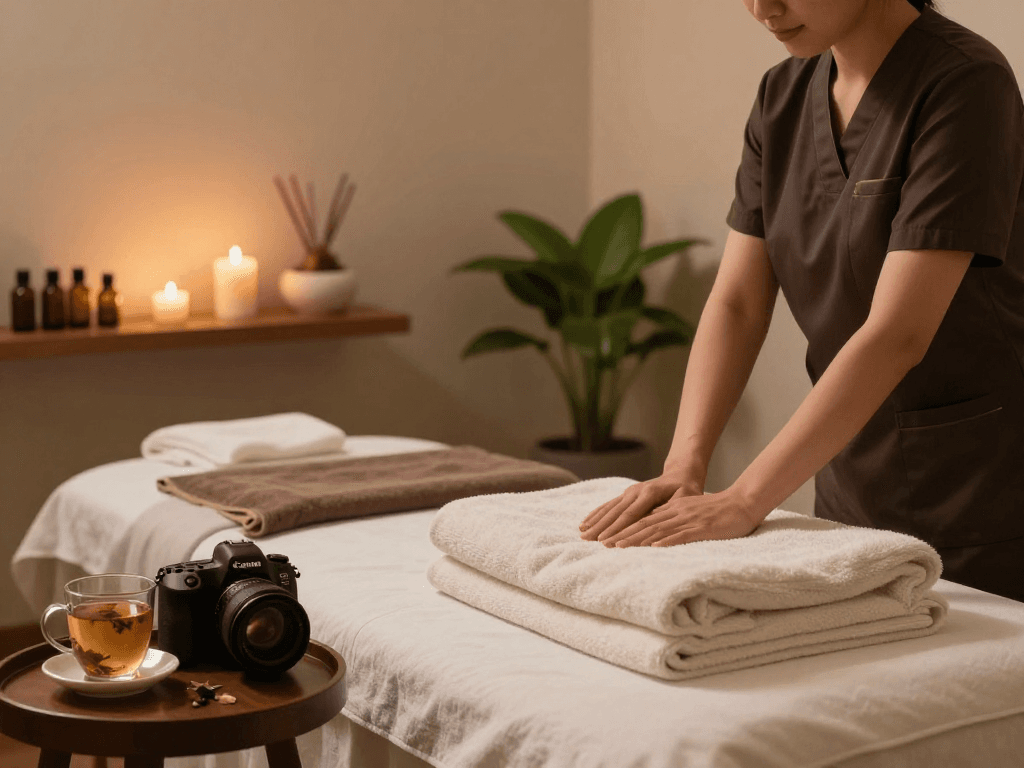 Relaxing spa setting with therapist preparing for a premium session, showcasing mantra88's tranquil wellness experience.