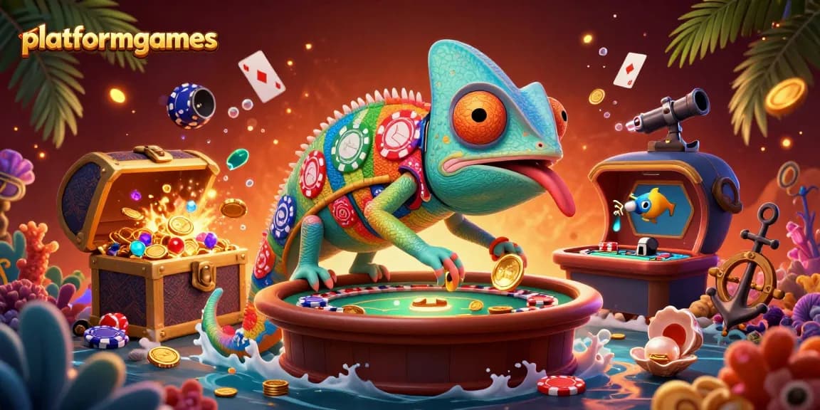 Engage with platformgames as the chameleon casino owner captures gold coins while overseeing exciting games.