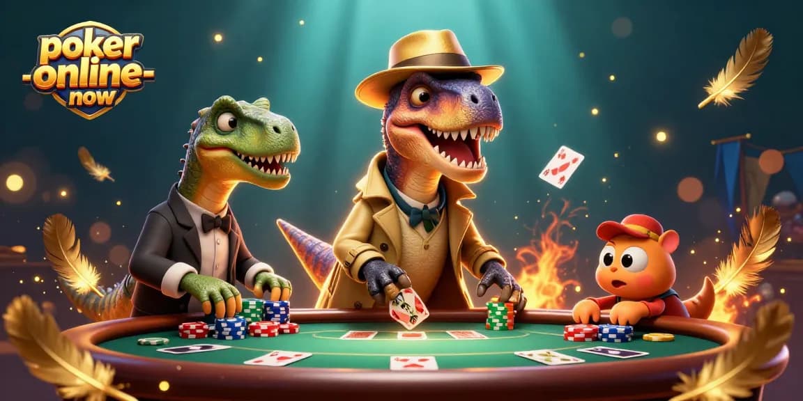 Experience the action at poker-online-now with a thrilling 3D scene of a velociraptor card counter at a poker table.