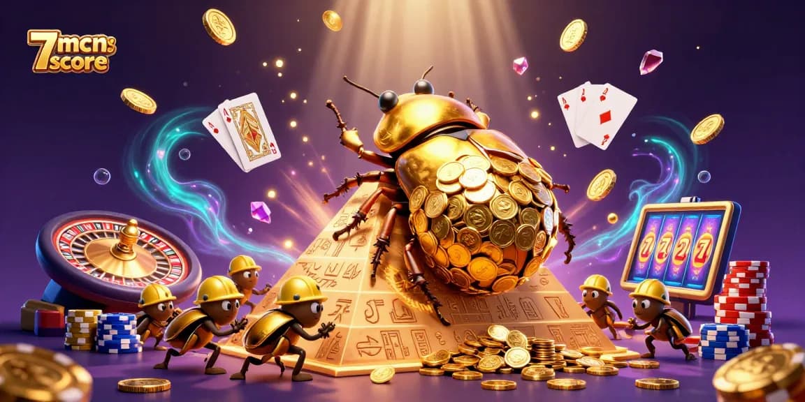 Join the excitement with 7mcnscore as golden beetles roll coins in a vibrant casino scene!