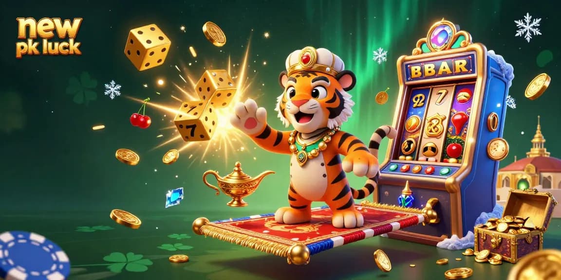 Spin and win with new pk luck in this vibrant, dynamic 3D casino illustration filled with exciting elements.