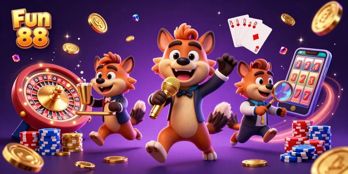 Engage in the vibrant Fun 88 casino with exciting hyena characters, sparkling gems, and dynamic gaming action.