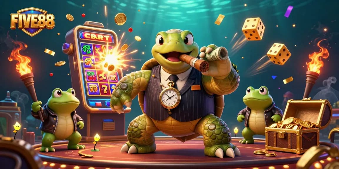 Experience FIVE88's thrilling jackpot excitement with 3D cartoon characters in a vibrant casino scene.