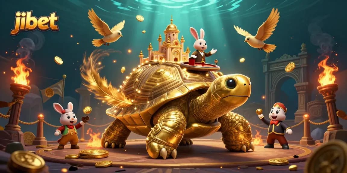 Engage in thrilling gaming with jibet, featuring a vibrant 3D casino scene with a golden tortoise and dynamic elements.