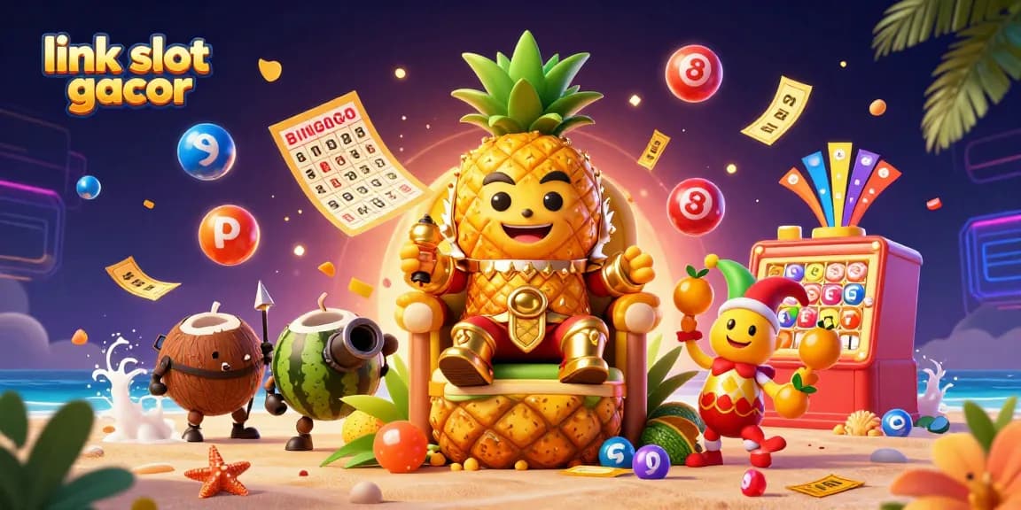 Menggunakan link slot gacor dalam ilustrasi kasino dengan raja nanas emas dan elemen lotere dinamis.