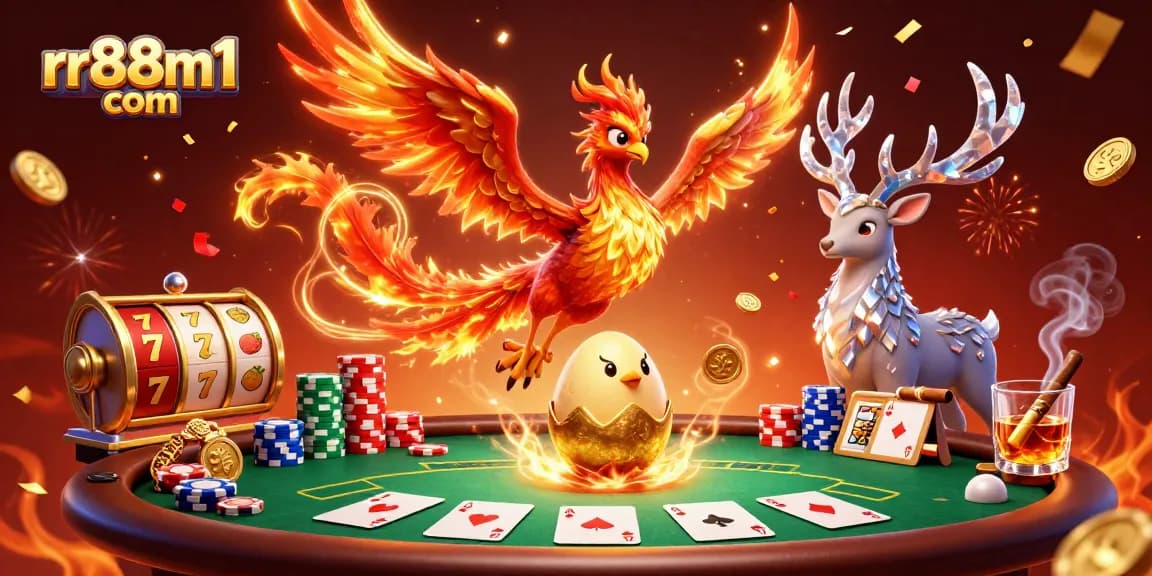 Experience the thrill at rr88m1 com with vibrant poker visuals and magical phoenix elements.