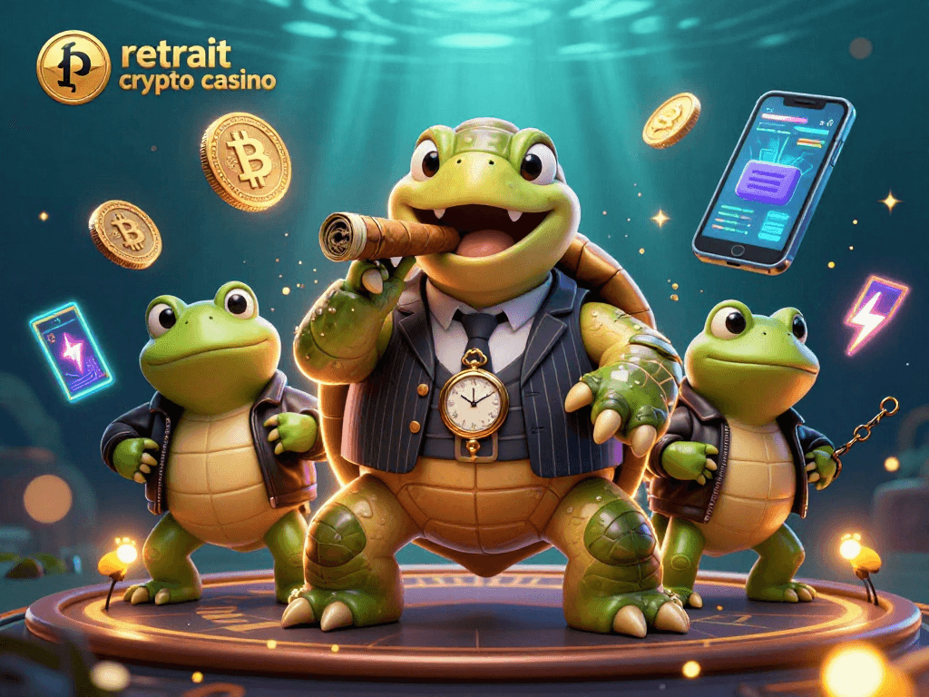Retrait crypto casino : image dynamique d'une tortue en costume de gangster entourée de pièces Bitcoin et Ethereum.
