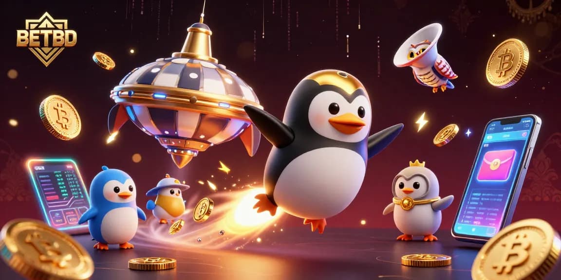 Experience thrilling BETBD betting with a unique 3D casino illustration featuring a golden penguin in space.