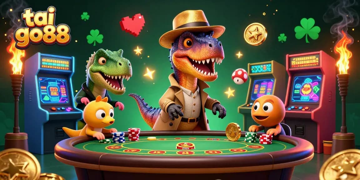 Play tai go88 with a cartoon velociraptor at a blackjack table amidst vibrant casino elements.
