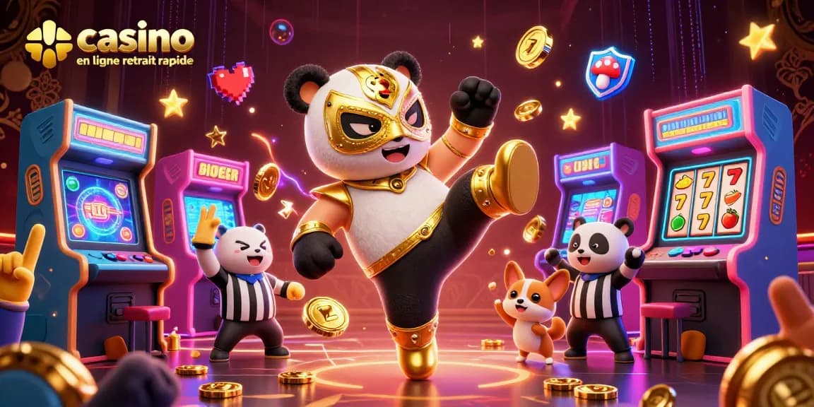 Visuel captivant de casino en ligne retrait rapide avec panda lutteur et animaux en délire.