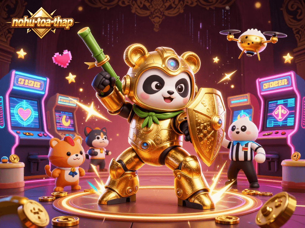 Experience thrilling gameplay in nohu-toa-thap as a golden panda pilots a bamboo robot in a vibrant casino arena.