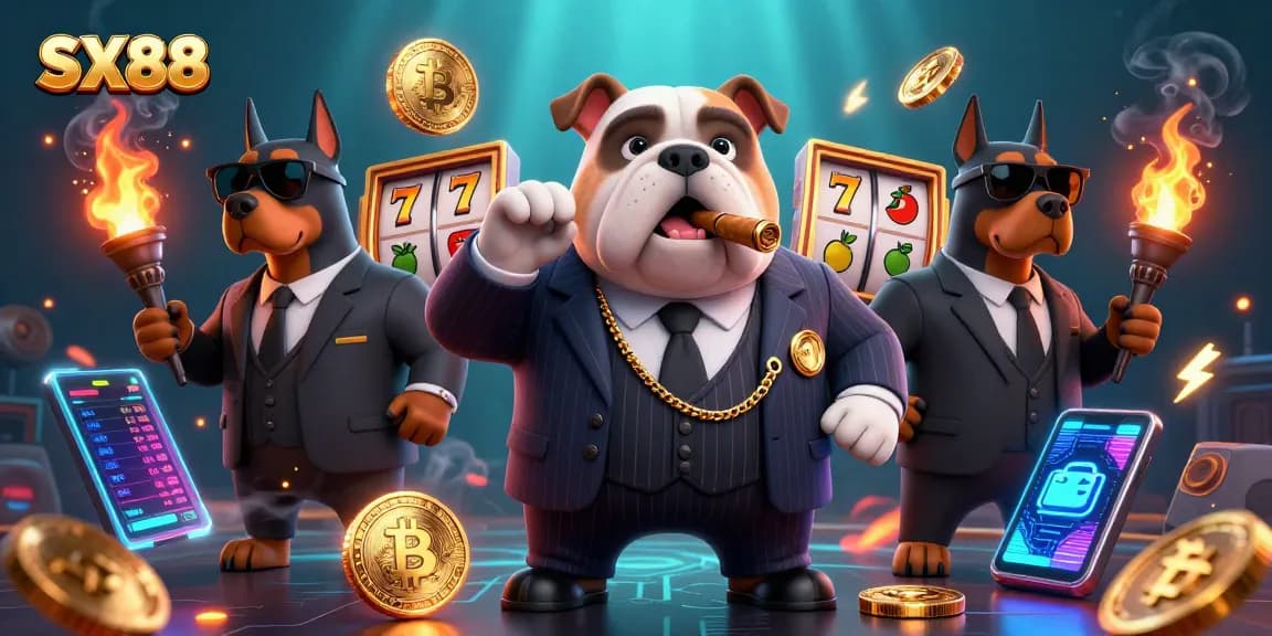 SX88 betting game scene featuring a bulldog in a suit with jackpot elements and crypto coins.