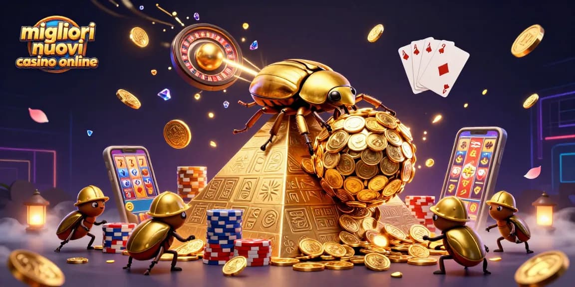I migliori nuovi casino online mostrano un grande scarabeo d'oro che rotola un'enorme palla di monete, circondato da altri elementi di gioco.