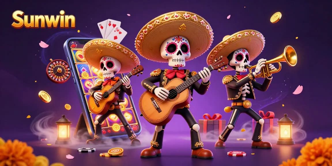 Experience thrilling gameplay with Sunwin's vibrant 3D illustration of animated skeleton mariachi band.
