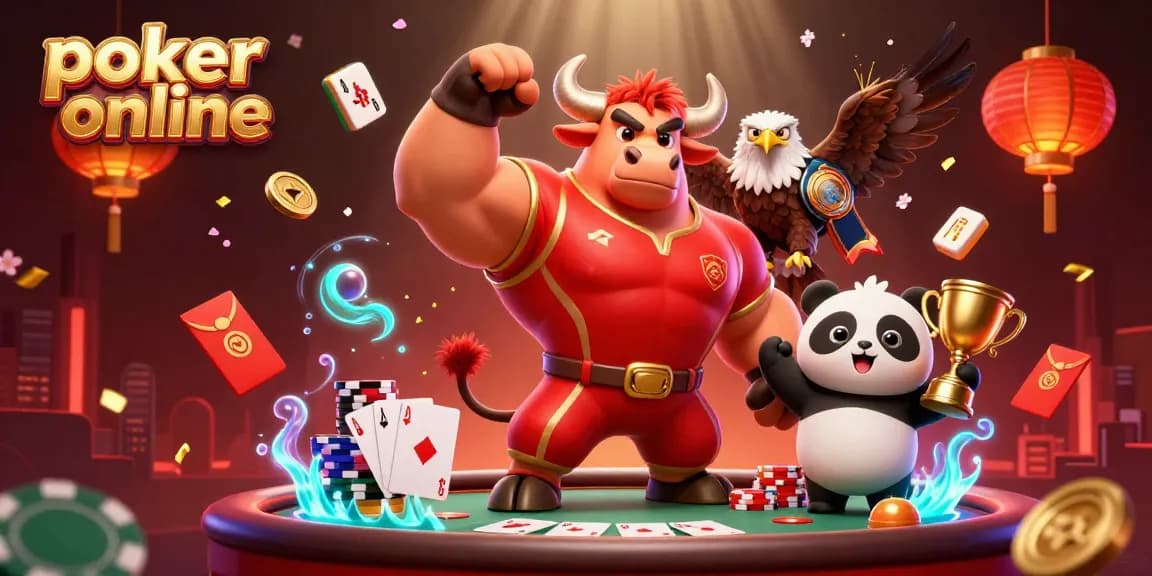 Jouez au poker en ligne avec ce coloré tableau de personnages festifs et éléments de jeu.