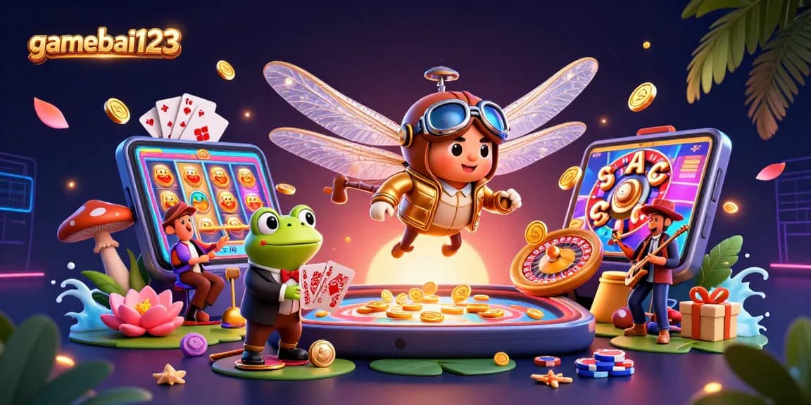 Gamebai123 offers an exciting scene with a dragonfly pilot and frog croupier in a lively casino setting.