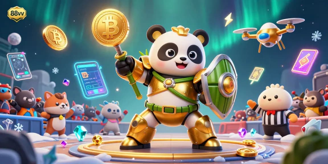 Engage with 88vv in an exciting 3D casino scene featuring a golden panda mech and crypto elements.