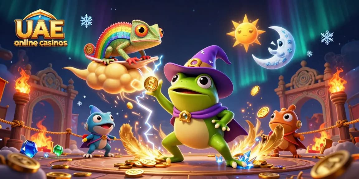 Experience the excitement of UAE online casinos with this dynamic illustration showcasing thrilling casino elements and unique characters.