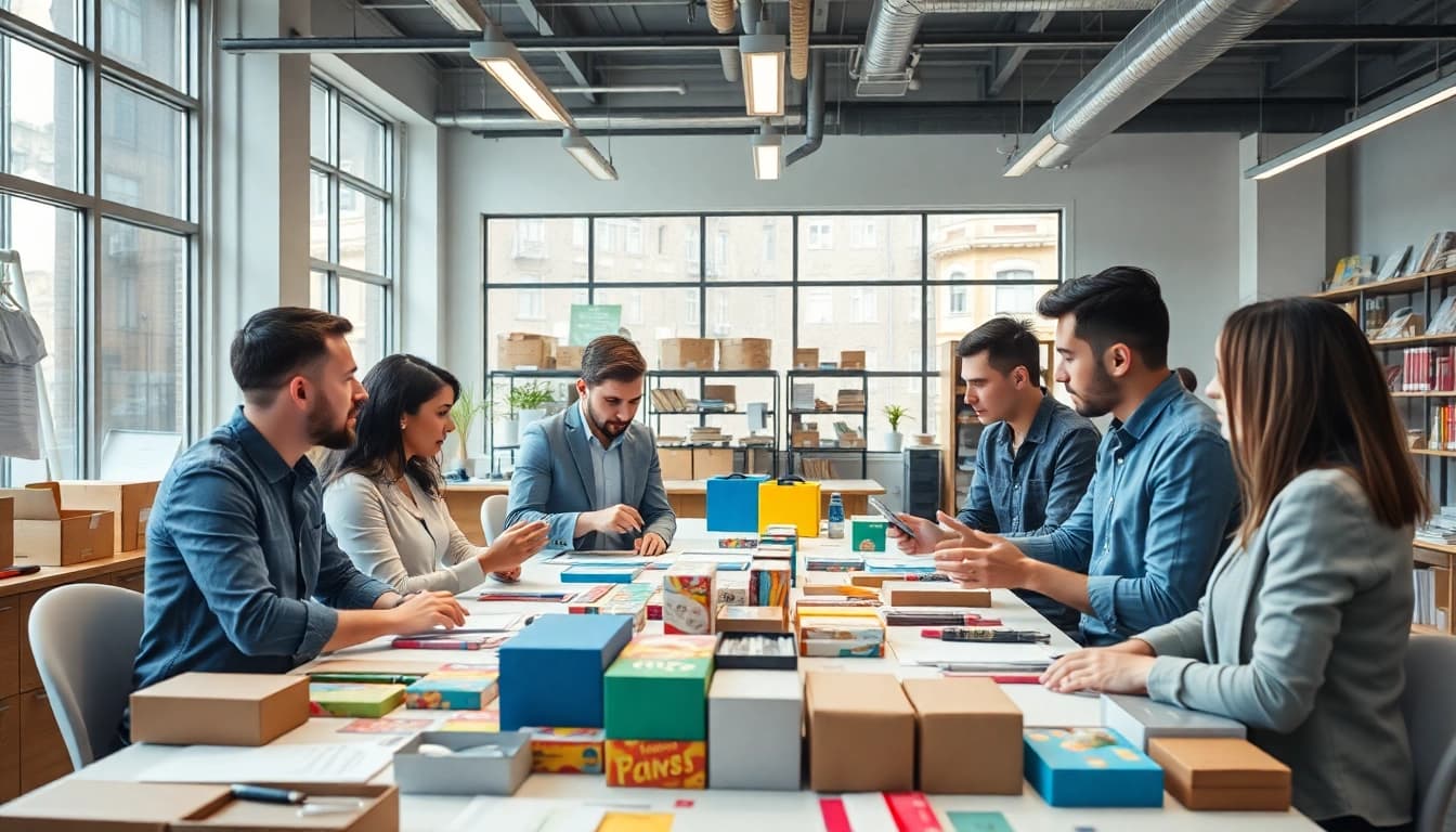 Designers collaborating on Packaging Design & Commercialization in a modern studio setting.