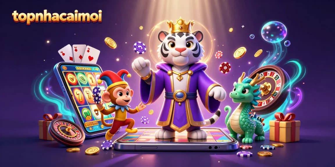 Engage with topnhacaimoi's vibrant 3D illustration of a royal tiger, monkey, and jade dragon in a lively casino scene.