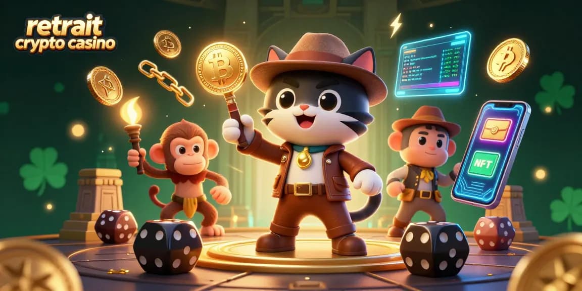 Retrait crypto casino : chat explorateur et singe découvrant des artefacts tout en jouant